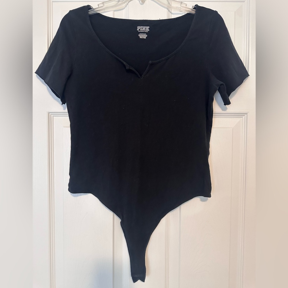 PINK Victoria's Secret Black Short Sleeve Scoop-Notch Bodysuit